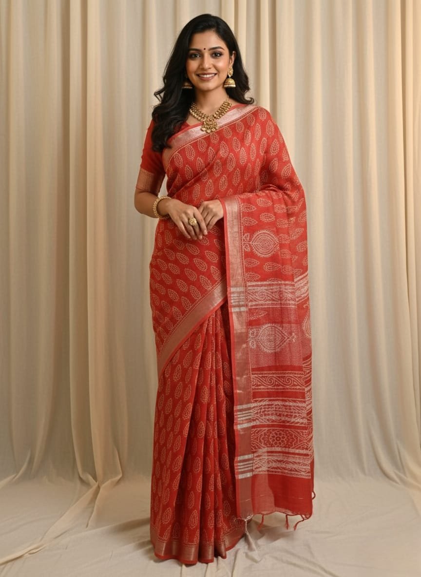 Hand Block Printed Linen Saree with Blouse